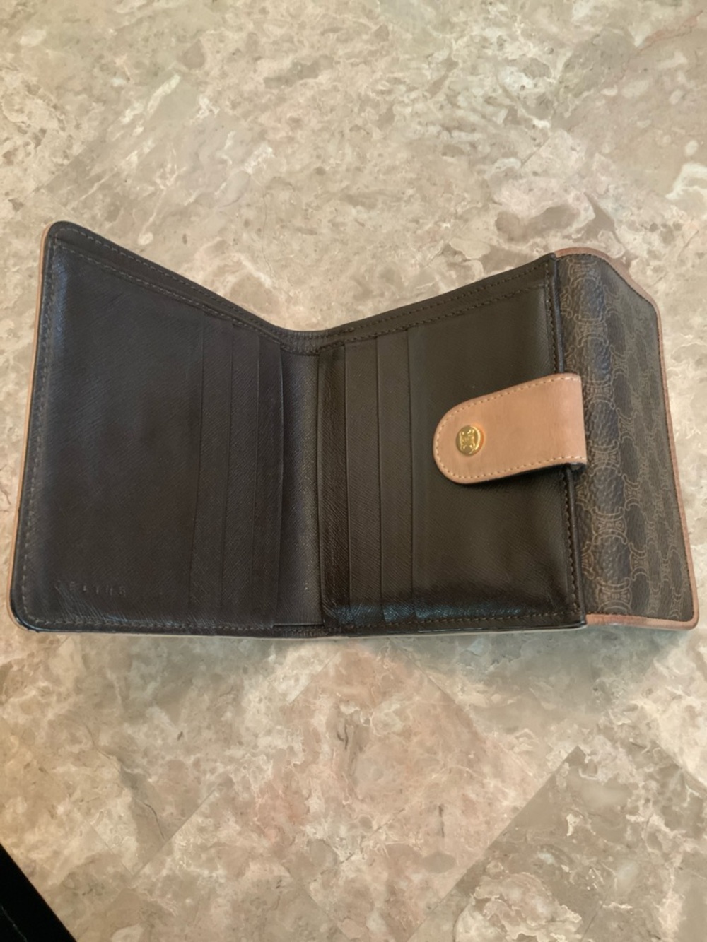 Celine Brown Patterned Leather Compact Wallet with Tan Trim - Picture 14 of 16